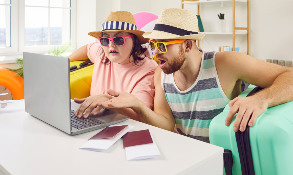 travelers booking through a booking engine and looking surprised